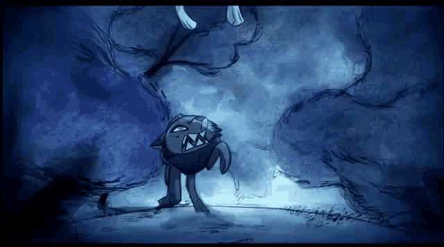 a drawing of a monster with sharp teeth in a dark room