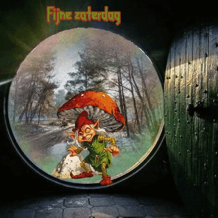 a picture of a gnome with a mushroom umbrella and the words fijne zuterdag above him