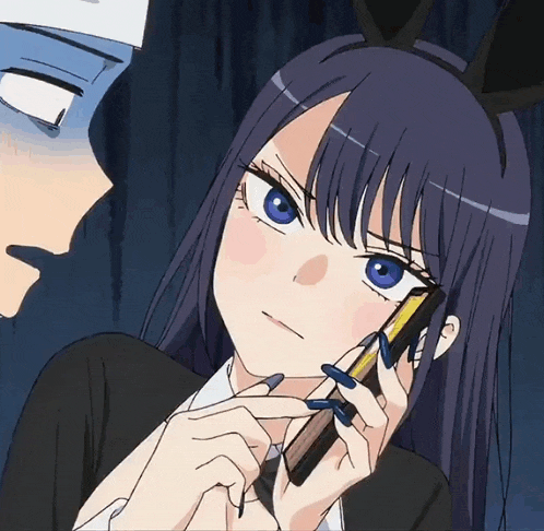 a girl with blue eyes and black nails is holding a pencil