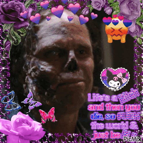 a picture of a man with a skull on his face with purple flowers and butterflies