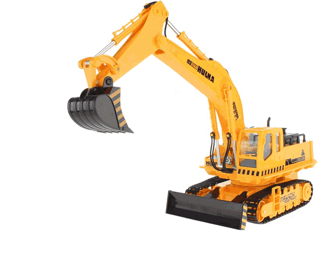a yellow toy excavator that says huina on the side