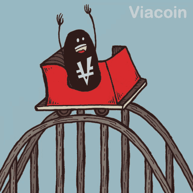 a cartoon of a roller coaster with the word viacoin on it