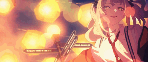a girl with headphones and a tie is smiling in front of a blurry background