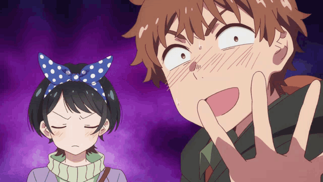 a girl with a blue bow on her head stands next to a boy with his hand out