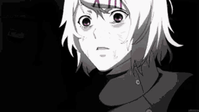 a black and white drawing of a girl with red eyes and a scar on her face .