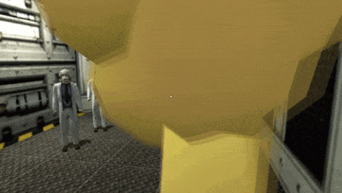 a man in a suit and tie is standing next to a yellow object