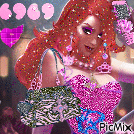a picture of a woman with a purse and the number 6969