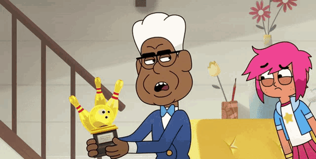 a cartoon of a man holding a bowling pin trophy