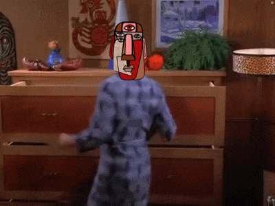 a woman is reaching into a drawer with a drawing of a face on her head