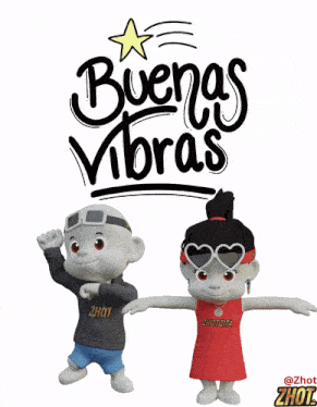 a boy and a girl are standing in front of a buena vibras logo