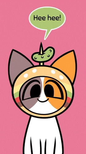 a cartoon cat with a pickle on its head says " hee hee "