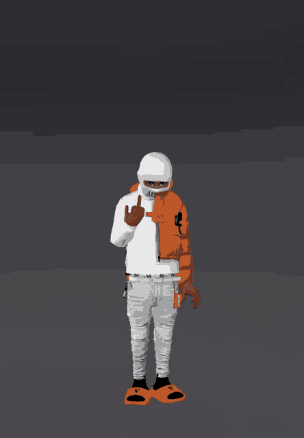 a man wearing a white hoodie and an orange jacket giving a middle finger