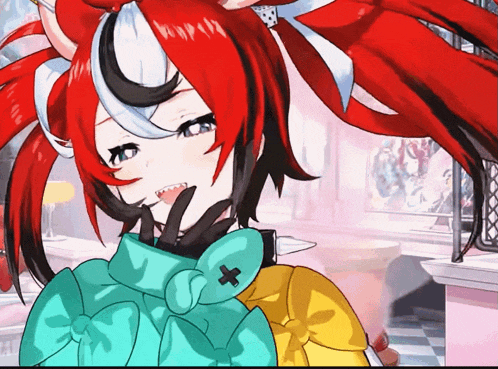 a close up of a cartoon character with red and black hair