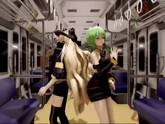 two anime girls are dancing on a train