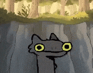 a cartoon cat with big yellow eyes is standing on a rock
