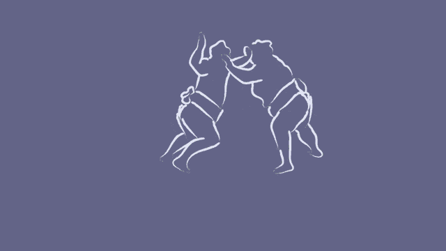 a drawing of two men wrestling with a purple background