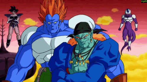 a cartoon of a man with a bandana on his head standing next to two other men