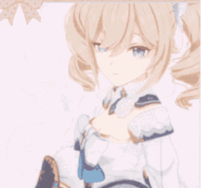 a girl with blonde hair and blue eyes is wearing a white dress and giving a thumbs up