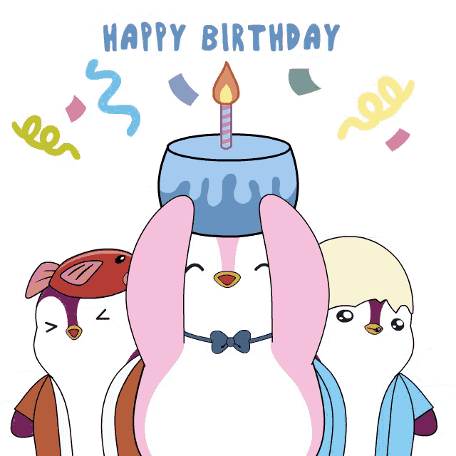 three penguins are celebrating a birthday with a cake