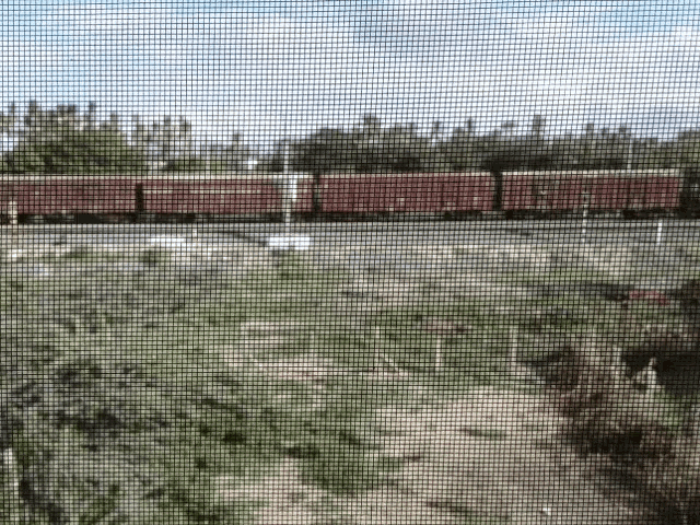 a train is going down the tracks in the distance behind a screen door