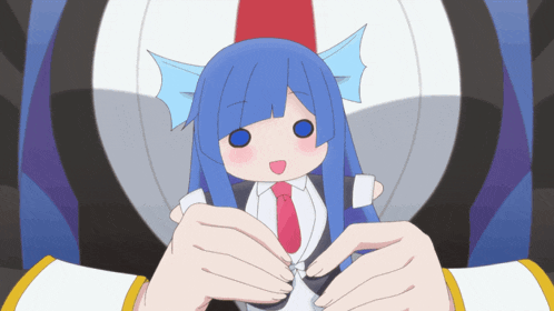 a cartoon girl with blue hair and a red hat