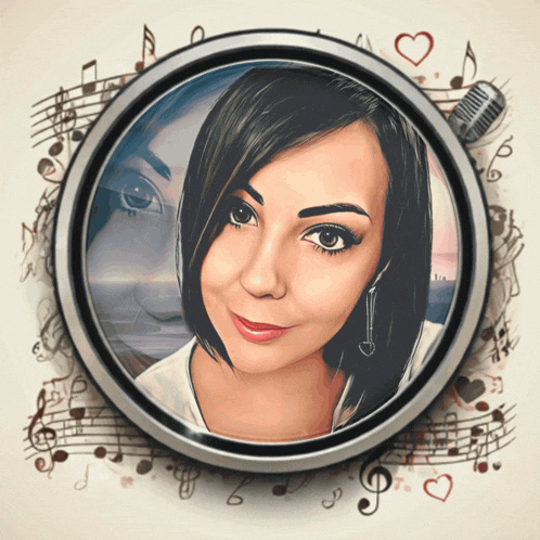 a woman 's face is surrounded by music notes and a microphone