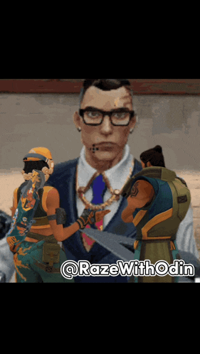 a man in a suit and tie is standing next to a woman with a skateboard and a man with glasses