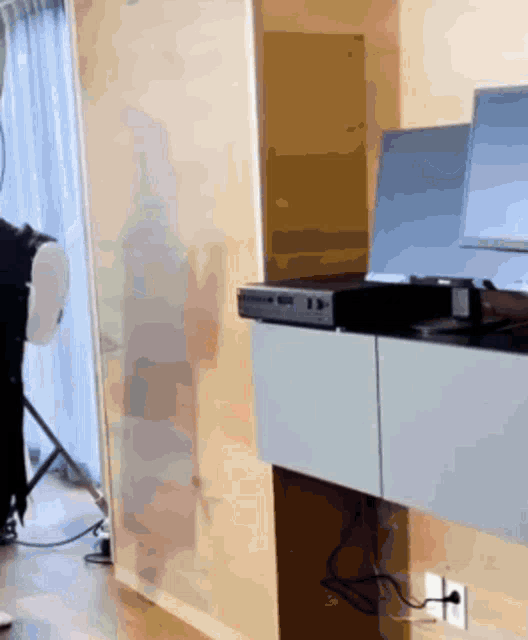 a blurred image of a person standing in front of a computer