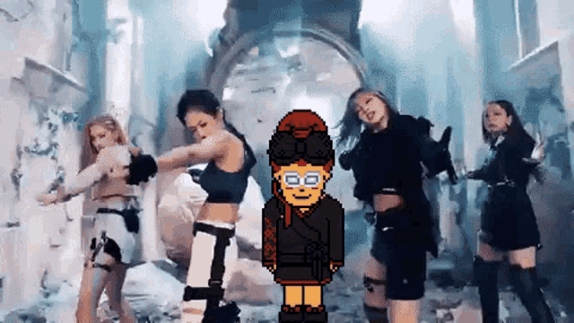 a pixel art of a group of girls dancing in a video