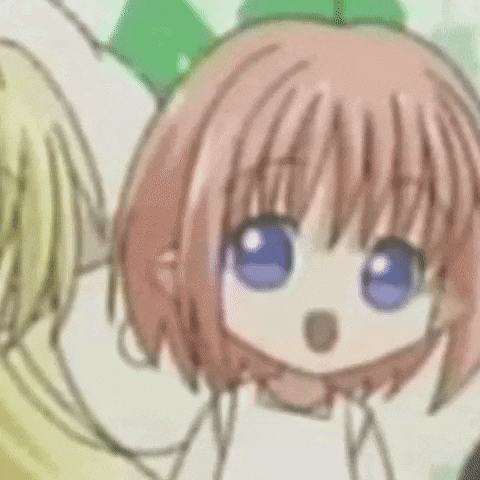 a girl with pink hair and blue eyes is standing next to a man .
