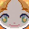 a pixel art of a cat 's face with green eyes and a smile .