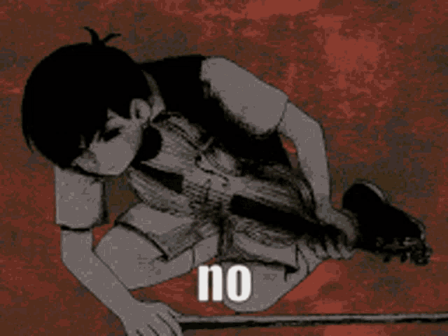 a black and white drawing of a person kneeling down with the word no written on the bottom