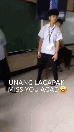 a man in a school uniform is dancing in a classroom with the words " unang lagapak miss you agado " on the floor