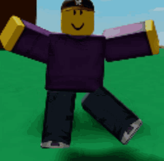 a roblox character wearing a purple shirt and black pants is standing on a grassy field .