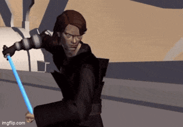 anakin skywalker is holding a blue lightsaber in his hand .
