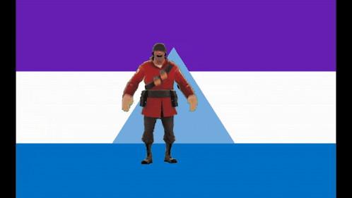 a man in a red uniform stands in front of a purple and white flag
