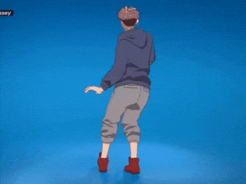 a man in a blue hoodie is dancing in front of a blue background