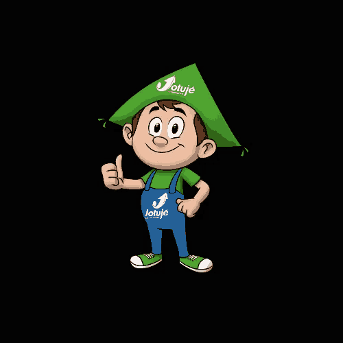 a cartoon character wearing overalls and a green hat that says jotuje