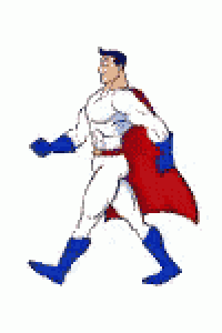 a cartoon of a superhero walking on a white background .