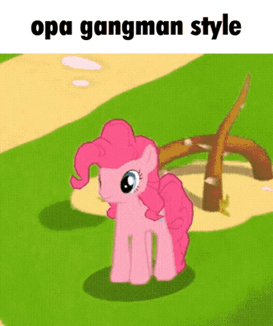 a pink pony is standing on a grassy field with the words opa gangman style below it .