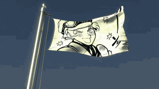 a flag that has a picture of a man with a hat on it