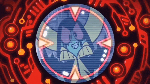a cartoon character is smiling in a circle with a red border around it