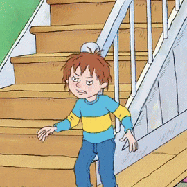 a cartoon boy in a blue and yellow striped shirt is standing on a set of stairs