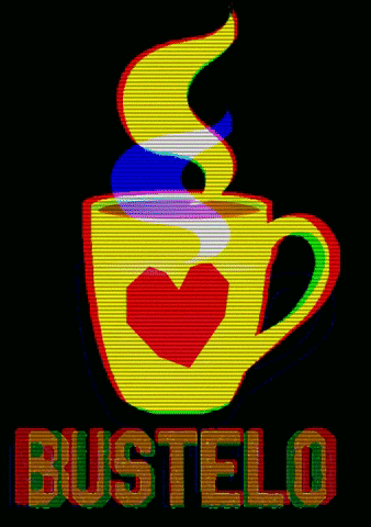 a yellow cup of coffee with a red heart and the words bustelo time below it