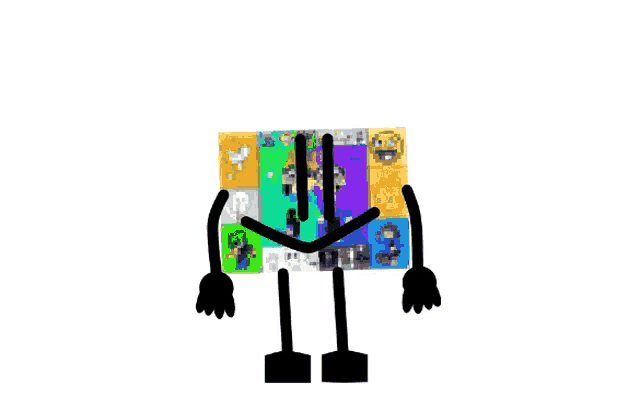 a cartoon character with arms and legs is standing in front of a wall with a bunch of stickers on it .