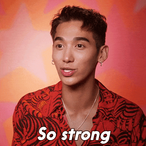 a young man wearing a red shirt says so strong