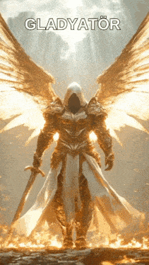 a gladiator with wings and a sword standing in front of a fire