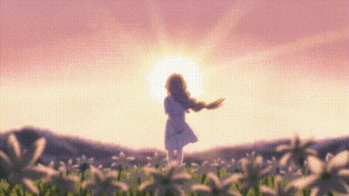 a girl is standing in a field of flowers at sunset