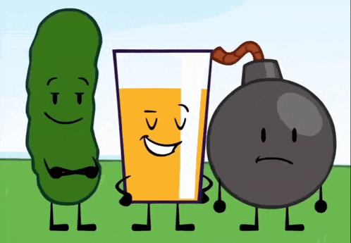 a pickle a glass of orange juice and a bomb are standing next to each other in a field