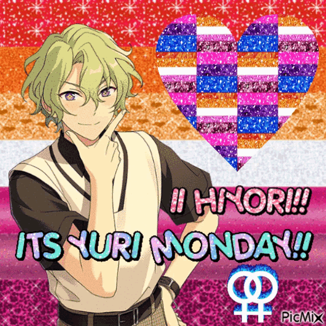 a picture of a boy with the words " it 's yuri monday "